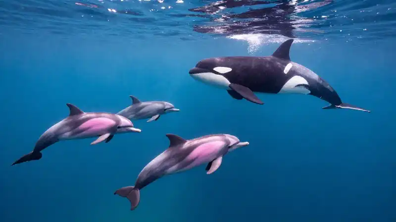 Pink river dolphins and a massive orca swim underwater