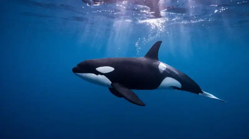 A majestic orca swims through deep, sunlit blue waters