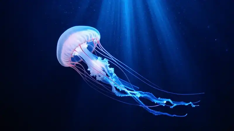Glowing jellyfish drift through the dark, deep ocean abyss
