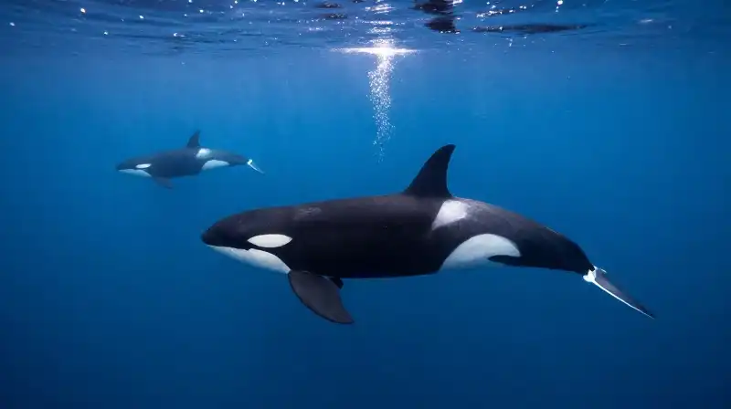 A pod of majestic orcas swims through deep blue water