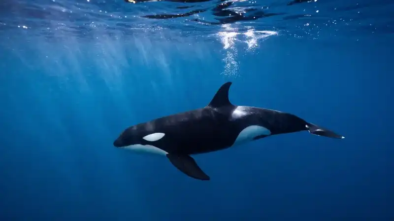 An elderly orca swims gracefully through deep blue currents