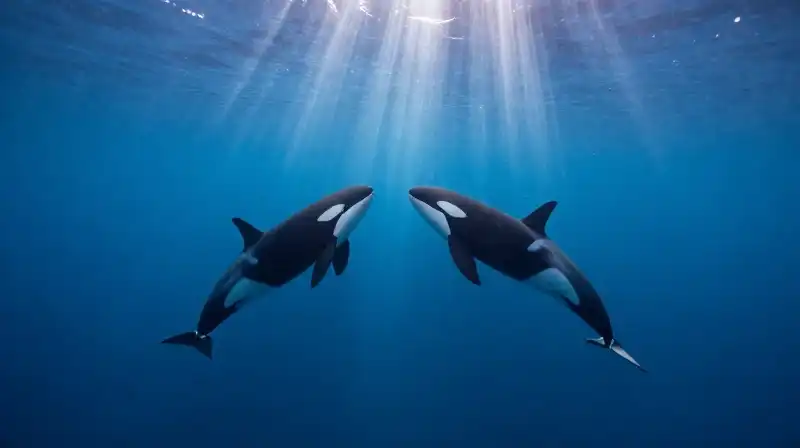Orcas hunt in synchronized patterns through deep blue waters
