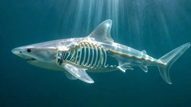 A translucent shark skeleton floats in a deep teal abyss