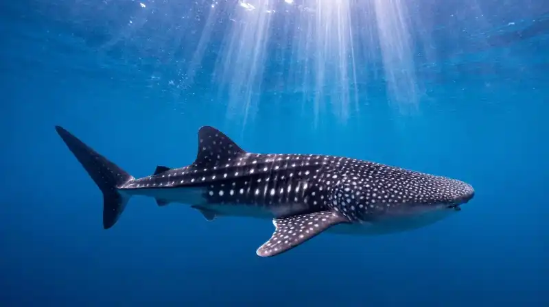 A massive spotted whale shark swims near a colossal shark