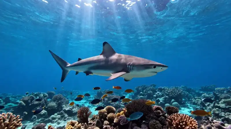 A majestic shark patrols a vibrant, sunlit coral reef