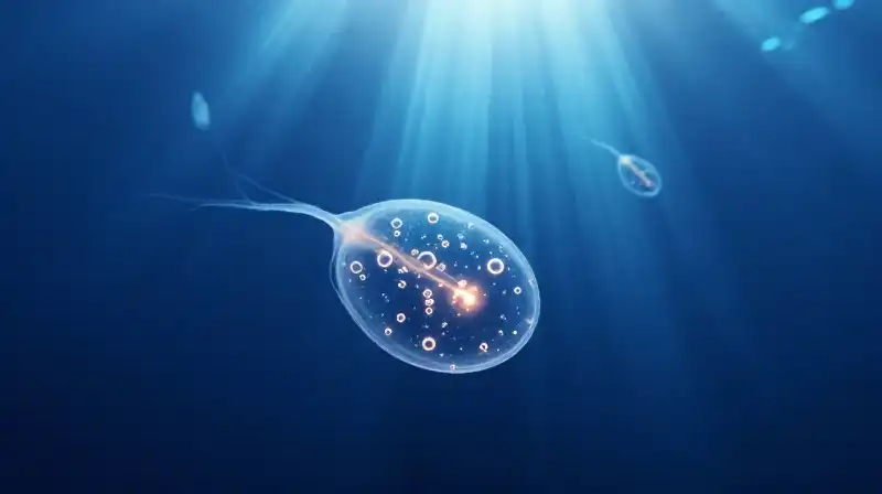 Glowing phytoplankton and oxygen bubbles drift in deep blue water