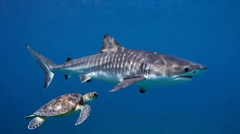 A striped tiger shark swims near a sea turtle