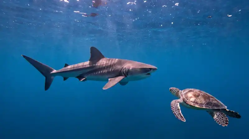 A curious tiger shark swims past a peaceful sea turtle