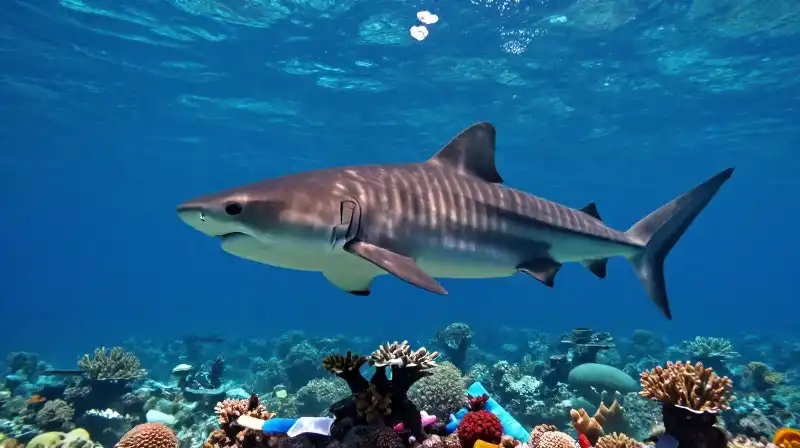 A majestic tiger shark swims through plastic-filled coral reefs