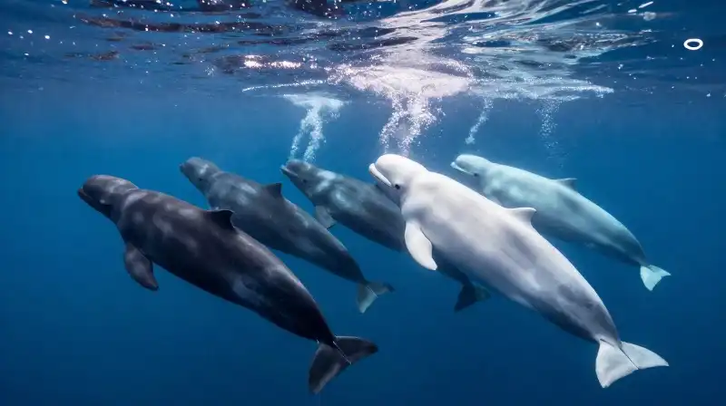 White adult beluga whales and dark calves swim through bubbles