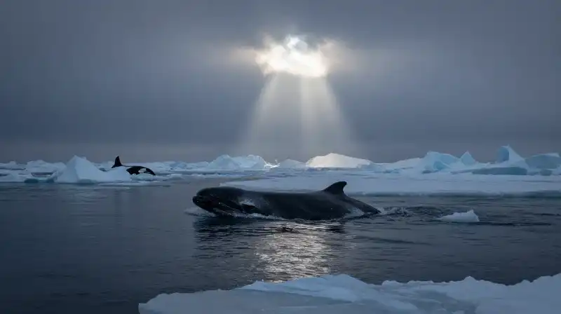 A beluga whale swims through melting Arctic ice fragments