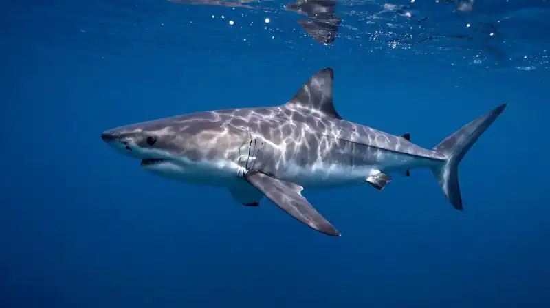 A massive great white shark swims through deep blue water