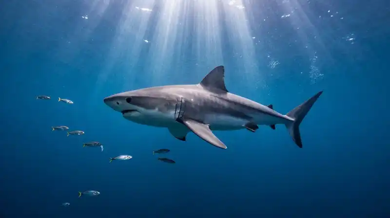 A great white shark swims through sunlit deep blue waters