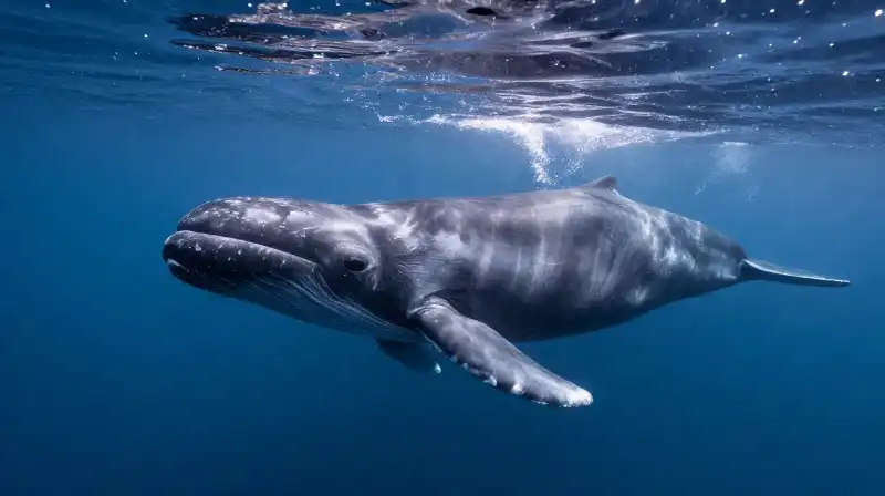 A beluga whale floats amidst shimmering Arctic ocean depths