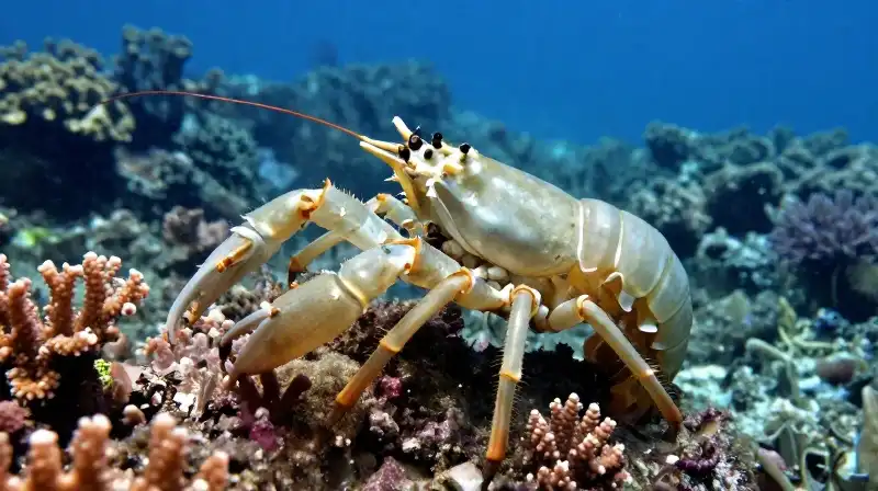 A translucent, ten-legged crustacean rests on a vibrant coral reef