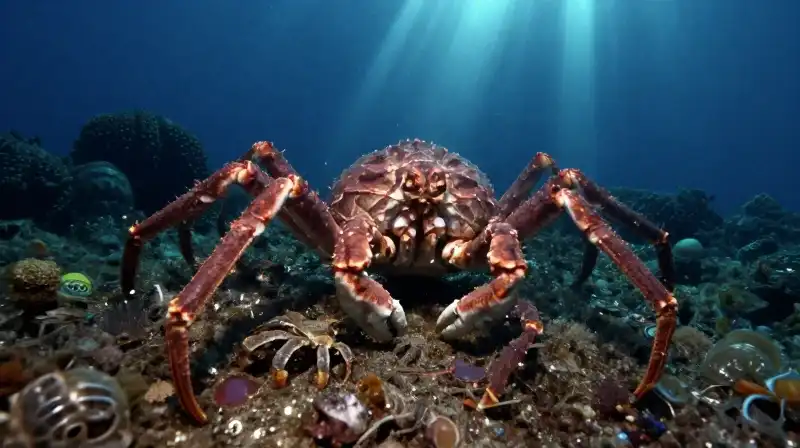 A giant Japanese spider crab sits beside a tiny pea crab