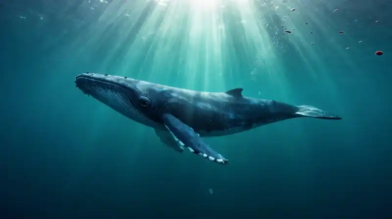 A massive blue whale silhouette drifts through ethereal teal waters