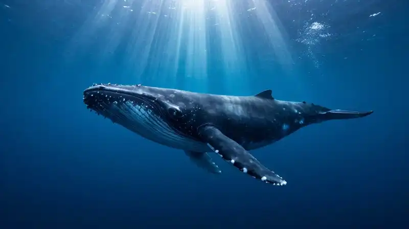 A colossal shark silhouette swims through a deep ocean abyss
