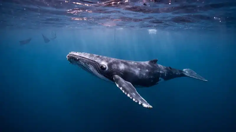 A majestic right whale swims through sunlit, deep blue waters