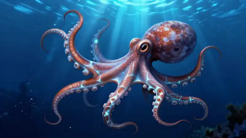 A detailed octopus glows with neural connections underwater