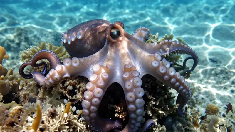 Detailed octopus tentacles explore a sun-drenched coral reef