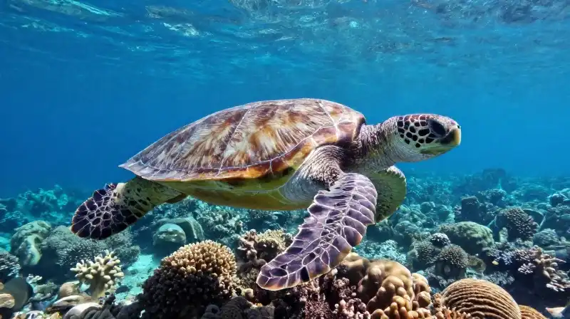 A majestic sea turtle glides through a sun-drenched reef