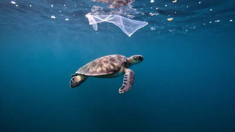 A lonely sea turtle swims through floating plastic debris