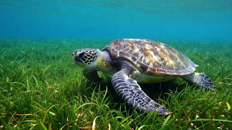 A majestic sea turtle grazes in a lush underwater meadow