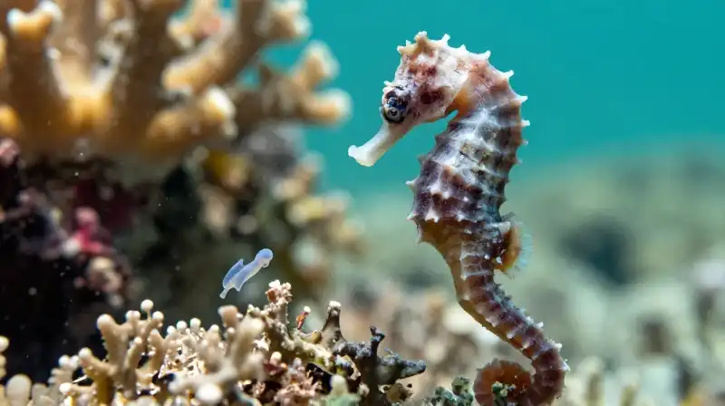 A male seahorse holds tiny translucent fry in a reef