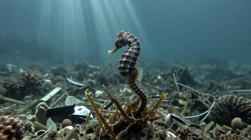 A vulnerable seahorse clings to decaying seagrass amidst debris