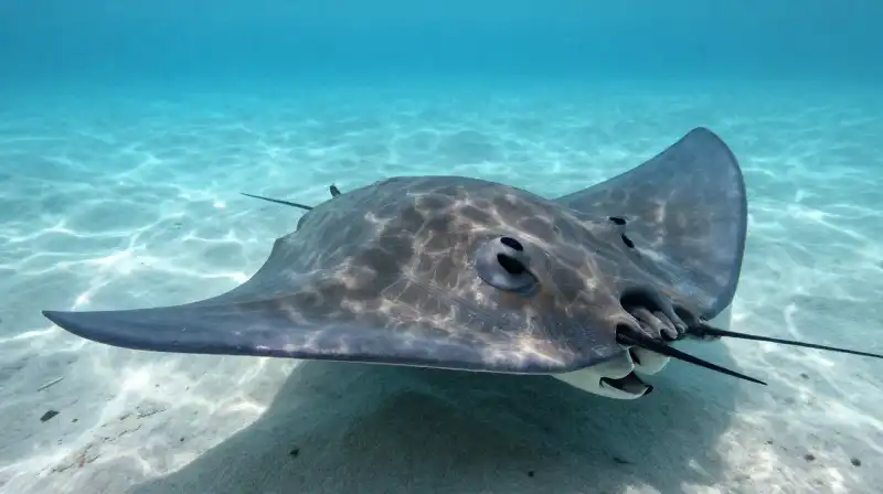 A stingray glides over sand, revealing its translucent skin