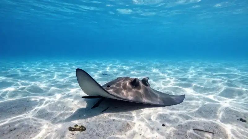 A stingray hunts small creatures on a sunny sandy seabed