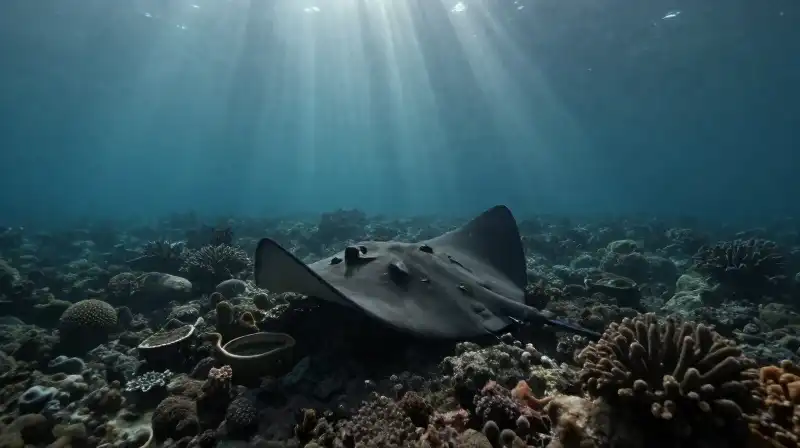 A lone, endangered stingray swims through fragmented coral reefs