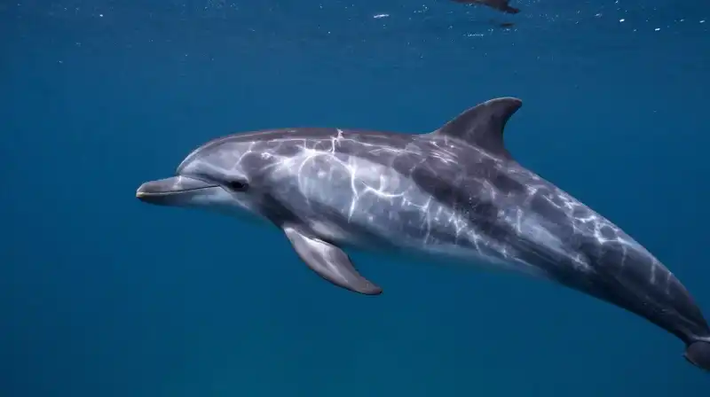 A dolphin swims through deep blue water with glowing ripples
