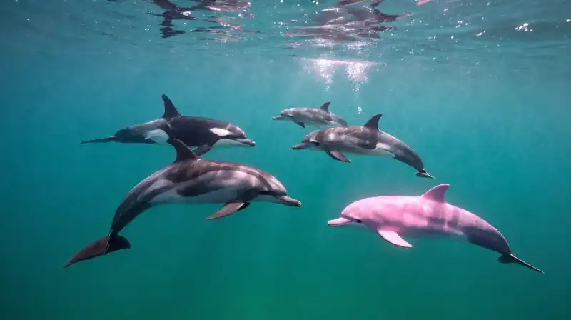 Diverse dolphins swim through sun-drenched, turquoise ocean waters