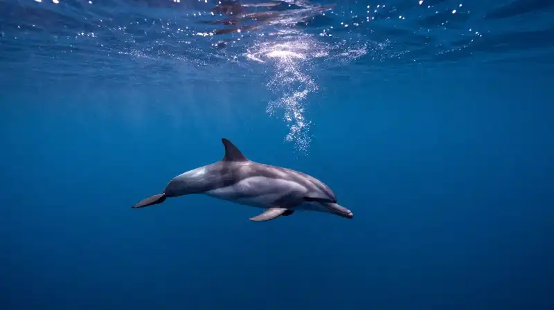 A pod of intelligent dolphins swims through shimmering sound waves