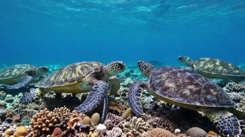Diverse sea turtles swim through a sun-drenched coral reef