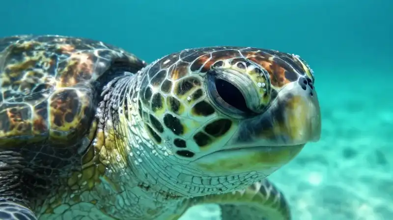 A close-up of a sea turtles glistening, salt-crusted eye