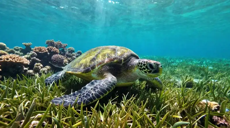A majestic green sea turtle grazes on sunlit seagrass