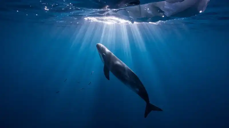 A narwhal dives beneath an ice shelf with halibut