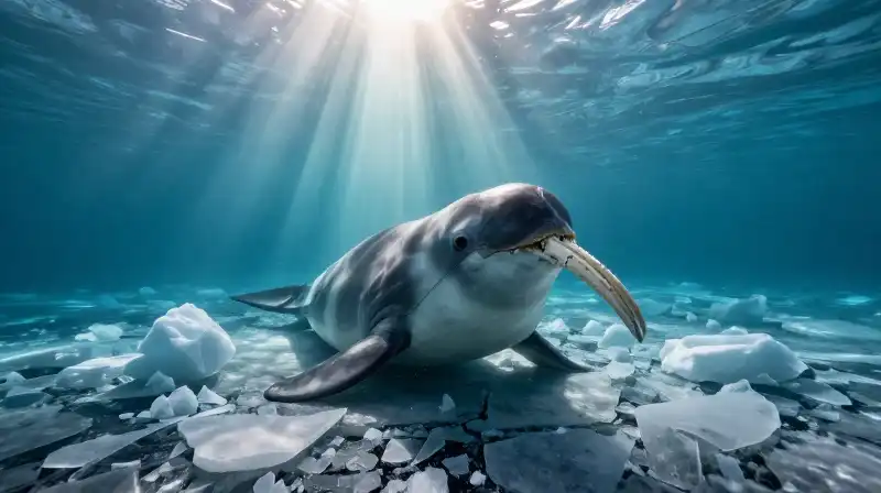 A scarred narwhal swims through melting Arctic ice fragments