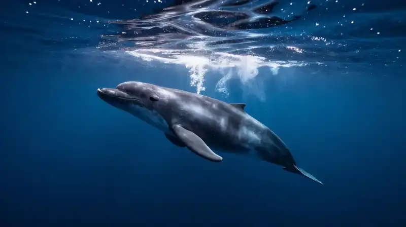 A majestic narwhal dives through dark, swirling Arctic waters
