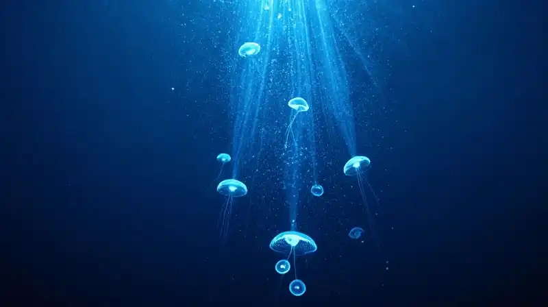 Glowing microscopic clouds drift through deep, shimmering blue waters