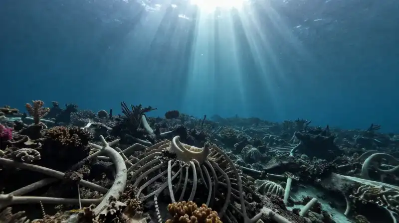 Bleached, skeletal coral structures fade in dimming ocean depths