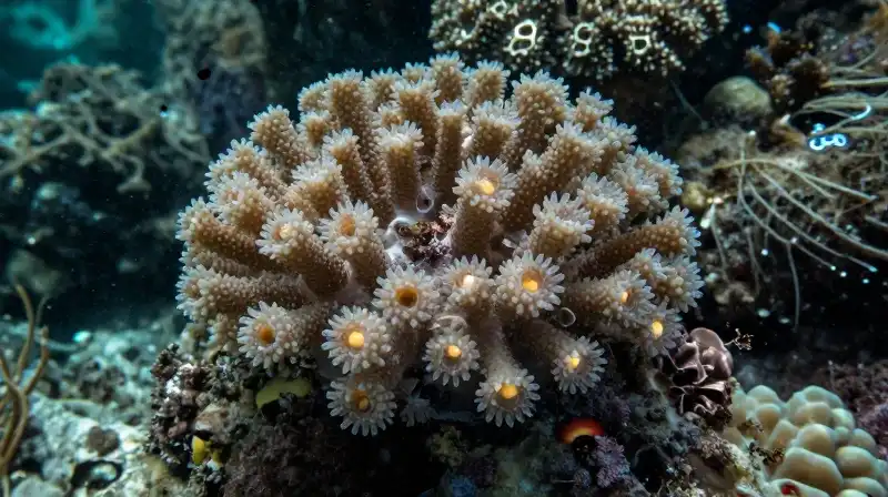 Glowing coral polyps shimmer within a deep teal ocean