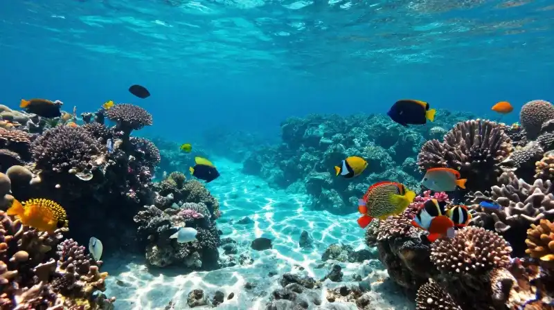 Colorful tropical fish swim through a vibrant coral reef