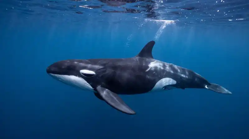 A massive killer whale swims through the deep blue abyss