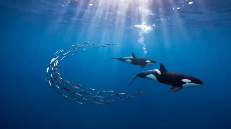 Orcas swim through silver fish in deep blue waters