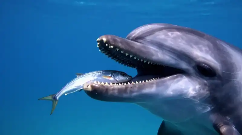 A dolphins mouth reveals sharp teeth and swallowed fish