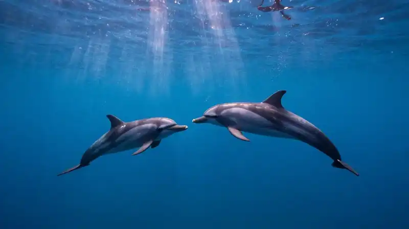 A pod of dolphins communicates amidst shimmering sonar ripples